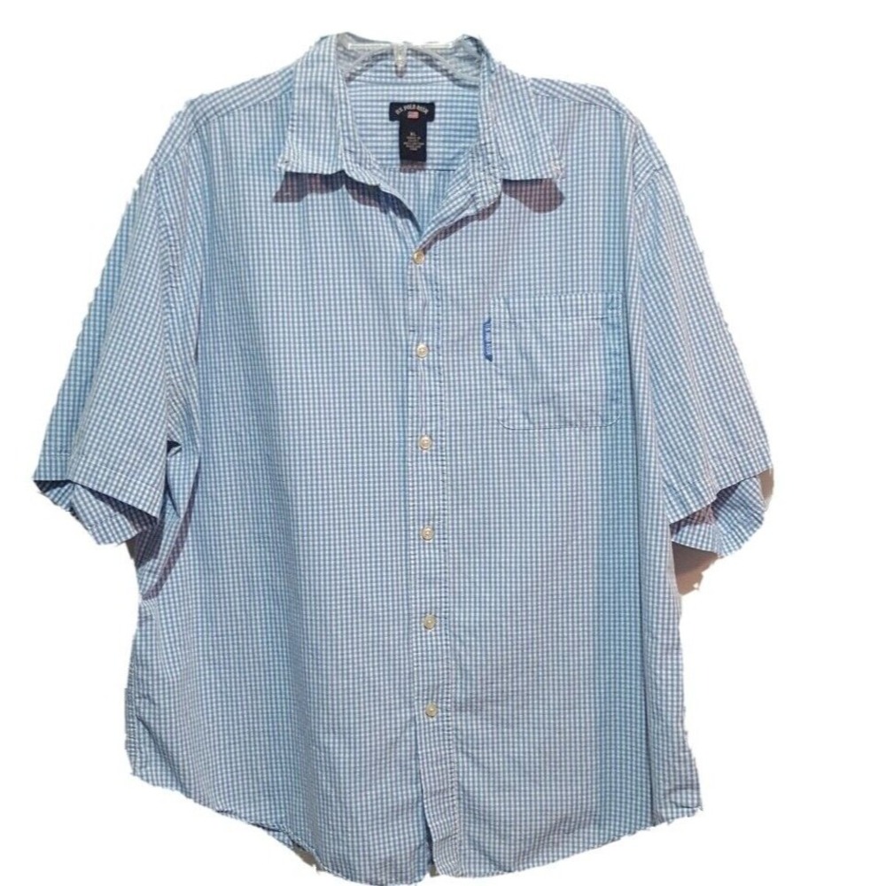 US Polo Assn Mens Shirt XL Button Down Short Sleeve 100% Cotton Blue Check